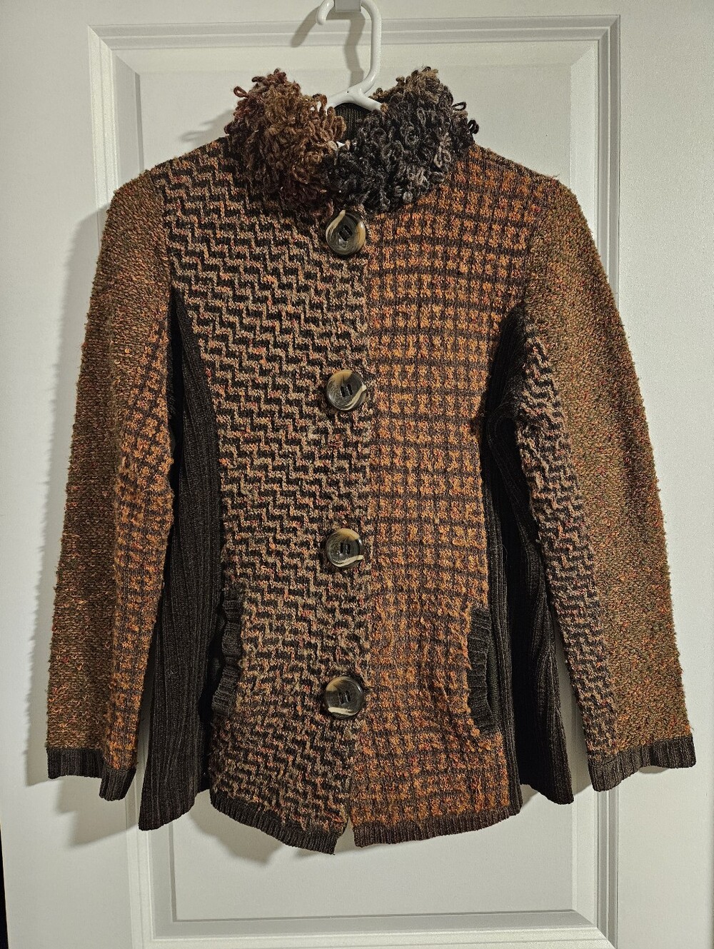 Curio Copyright M Art-to-Wear Mixed Knit Cardigan Rust Brown Wool Blend